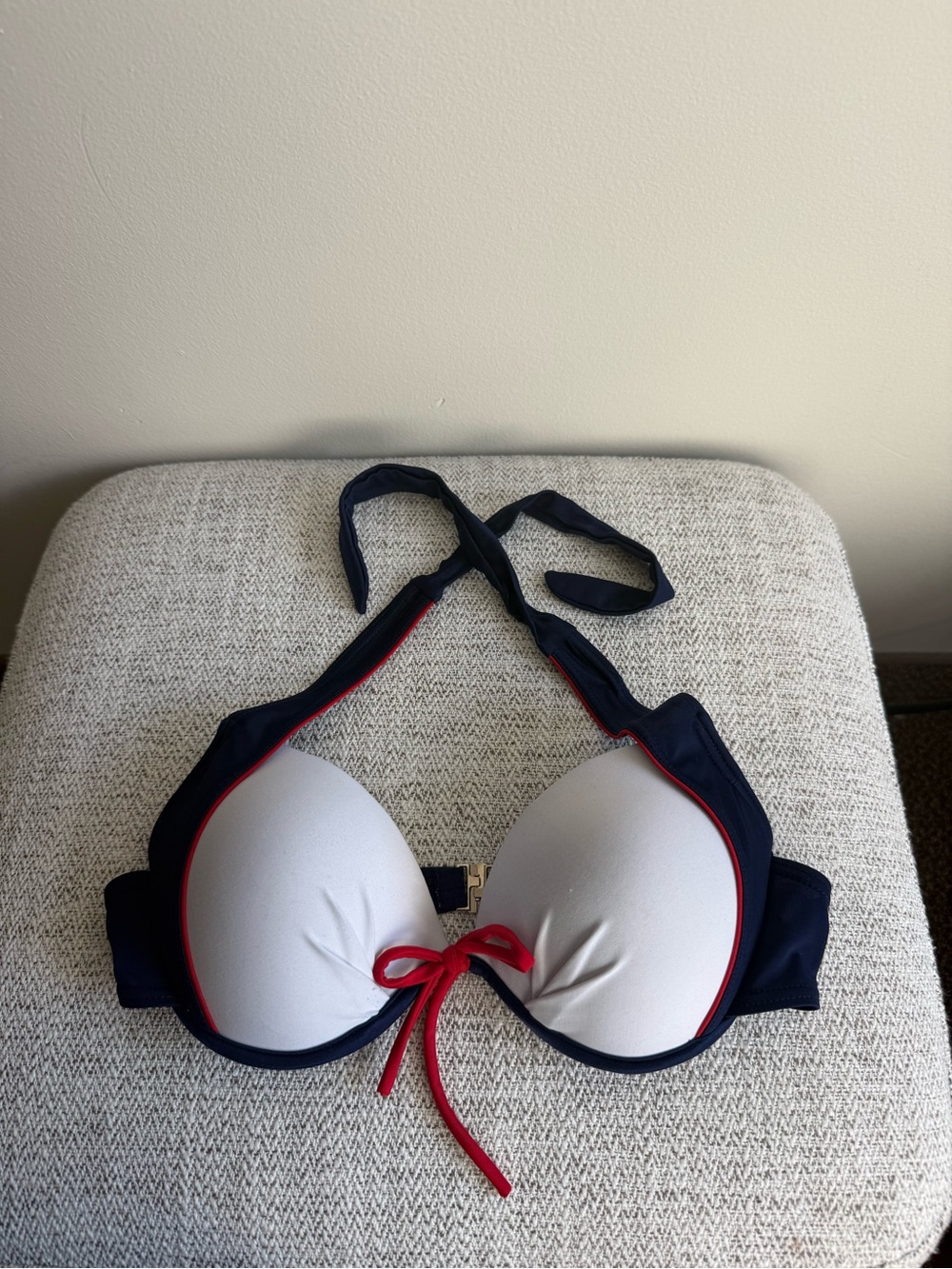Blue and white padded bikini with red accents